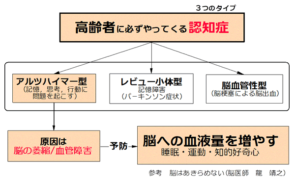 高齢者にかならずやってくる認知症、アルツハイマー型認知症、原因は脳の萎縮、脳への血流を増やす。